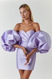 Casual Dresses 2022 Summer Purple Sexy Off Shoulder Puff Sleeve Mini Bodycon Dress Elegant Women Evening Party Vintage