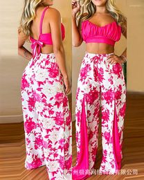 Women's Two Piece Pants Women 2pcs Clothes Suit Short Tanks Tops Ruched Crop Cami Top & Floral Print Wide Leg Set Sleeveless Loose