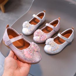 Flat Shoes 2022 Girl Princess Spring Kids Rhinestone Leather Children's Bowknot Single Pink G564