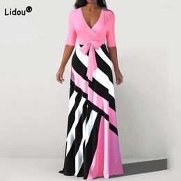 Plus Size Dresses Autumn Female Clothing Commute V-Neck Geometric Printing Bow Bag Hip A-line Skirt Half Sleeve Bandage Maxi Dress
