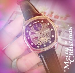 Popular Mens Moon Sun Skeleton Dial Watches 43mm automatic mechanical movement watch Genuine Leather Belt Sports Self-wind Retro President Wristwatch Gifts