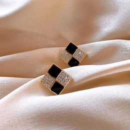 Stud Earrings Jewellery 2022 Korean Fashion Retro Square Exquisite Shiny Zircon Black Drop Glaze Ladies Simple