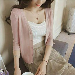 Women's Blouses Women 2022 Spring Summer Solid Colour Thin Female Ice Silk Knitted Shirts Ladies Short Sunscreen Cardigan Tops L120