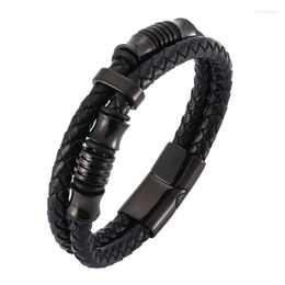 Charm Bracelets Punk Genuine Double Layer Men Leather Bracelet Black Silver Color Magnetic Clasp Men's Bangles Rock Jewelry BB518