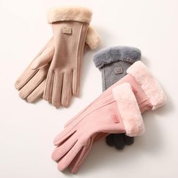 Winter Female Lace Warm Cashmere Three Ribs Mittens Double thick Plush Wrist Women Touch Screen Driving Gloves 4 Colours