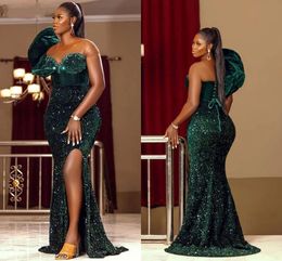 African Sexy Mermaid Prom Dresses Plus Size Dark Green Sequined One Shoulder Ruffles High Side Split Evening Formal Gowns Aso Ebi Second Reception Engagement Dress