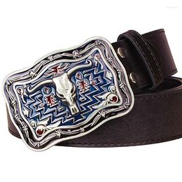 Belts Fashion Men's Leather Belt Cow Head Metal Buckle Western Cowboy Style Street Dance Hip Hop Waistband Novel