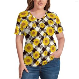 Shirt Sunflower Checkerboard T Plus Size Black And White Plaid Aesthetic S V Neck Streetwear Tees Woman Beach Print Tops