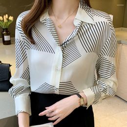 Women's Blouses French Classic Geometric Stripe Printed Satin Top Women 2022 Fall Shirts Long Sleeve Camisas