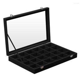 Jewellery Pouches Box Display Case With A Clear Glass Window And 24 Compartments Black