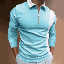 Men's Casual Shirts Men Splicing Zipper Top Shirt Turn Down Cotton Polyester Long Sleeve Turtleneck Loose Tee