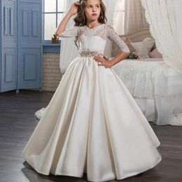 Girl Dresses Gorgeous Communion White Ivory Hollow Back Lace Up Appliques Big Bow Half Sleeves Floor Length Satin Girls Ball Gowns