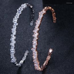 Bangle Rectangle Sparkling White Cubic Zirconia Rose Gold Color Adjustable Open Cuff Bangles Jewelry For Women Party