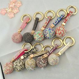 Keychains Elegant Crystal Round Ball Keychain Full Rhinestone Leather Strass Lanyard Bag Charms Pendant Car Key Ring Holder Jewelry Gift