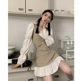 Work Dresses Autumn Vintage Kawaii Two Piece Set Women College Style Chiffon Blouse Mini Skirt Female Korean Fashion Sexy Designer 2022