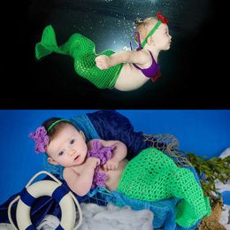 Christening dresses 2020 Endearing Baby Blue Mermaid Children's Photography Suit Newborn Hundred Days Wool Hand Knitted Photography Clothing T221014