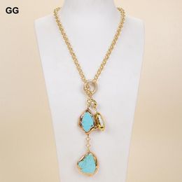 Pendant Necklaces GuaiGuai Jewelry 27" White Biwa Pearl Blue Turquoise Gems Stone Lariat Chain Necklace