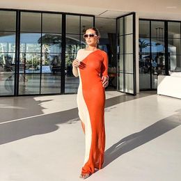 Casual Dresses European And American Long Skirt Women's 2022 Fashion Orange Round Neck Long-sleeved Slim-fit Contrast Colour Slit Girl
