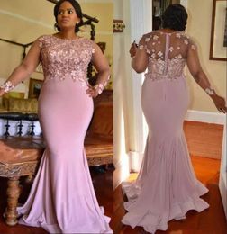 Plus Size Mermaid Lace Arabic Bridesmaid Dresses Long Sleeves Beaded Maid Of Honour Dress Spandex Evening Prom Gowns