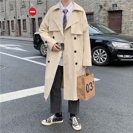 Men's Trench Coats Windbreaker Men's Design Pocket Solid Color Double Breasted Coat Casual Teenage Long Belt Fashion Over The Knee