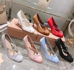 miui high 2024 Satin heels Mary Jane shoes women new Rhinestone bow pleated round headed ladies banquet high-heeled ballet shoes miumiuss