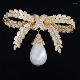 Brooches OKILY Lovely Olive-Branch Zircon Bowknot For Women Pin And Scarf Fashion Pearl Broochpin Thankgiving Day Gift