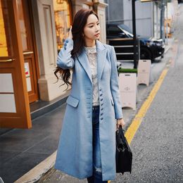 Women's Wool Women's & Blends Dabuwawa Fall Winter Long Woollen Coats For Women Office Lady Elegant Tailored Collar Single Breasted Blue