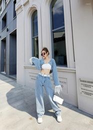 Women's Two Piece Pants Denim Women 2 Set Tassel Long Sleeve V Neck Crop Jacket Wide Leg Jeans Matching 2022 Autumn Workout Elegant