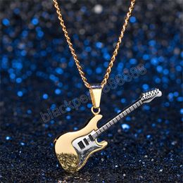 Hip Hop Gold Black Silver Color Necklace Men Women Fashion Stainless Steel Music Guitar Pendant Jewelry Chain Necklace bijoux Gift