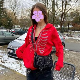 Women's Hoodies Women's Rhinestone Skeleton Hoodie Large Zip Jacket With Hood Grankey Street Fashion Retro Fall 2022 Apparel