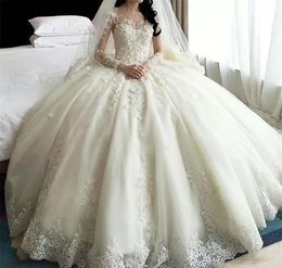 Gorgeous Ball Gown Wedding Dresses Bridal Jewel Neck Beaded Lace Applique Long Sleeves Corset Back Sweep Train Custom Made Plus Size Vestidos De Novia 403 403