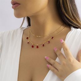 Pendant Necklaces Ailodo Water Drop Shape Red Color Crystal Necklace For Women Multilayer Party Wedding Fashion Jewelry Gift 2022