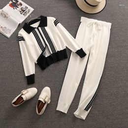 Women's Two Piece Pants 2022 Spring Set Tracksuit Women Clothes Knitted Stripe Cardigan Zipper Top Leisure Suits Lounge Wear Outfits
