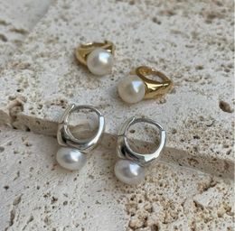 Hoop Earrings 18K Gold Authentic 925 Sterling Silver Freshwater Pearl Circle Geometric Piercing Fine Jewellery C-C802