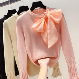 Women's Sweaters Autumn Winter Retro Tie 3D Bow Decors Sweater Flare Sleeve Pullovers Bottoming Knitted Shirt Long Tops Blusas Mujer 2022