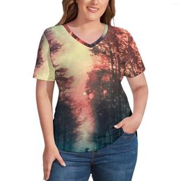 Shirt Magical Forest Plus Size Sky And Stars Print Vintage T Shirts Short Sleeve V Neck Casual Tees Womens Summer Pattern Tops