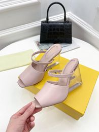 22ss fashion women's high heel sandals open toe half slippers leather transparent heel shoes 35-42 luxurious atmosphere