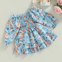 Girl Dresses Girls Casual Floral Dress For Teenager Flower Print Boat Neck Long Sleeve Smocked With Layered Hem Kids