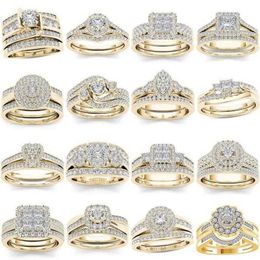 Anelli a fascia Matrimonio 2 pezzi Set da sposa Elegante anello di fidanzamento in cristallo Colore oro di lusso Cuore rotondo Zircone per le donne Gioielli Boho 2021342y