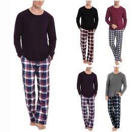 Men's Sleepwear Men's Mens Pyjama Sets Fashion Casual Round Neck Solid Long Sleeve Plaid Trousers Suit Ensembles Homme De Pijama