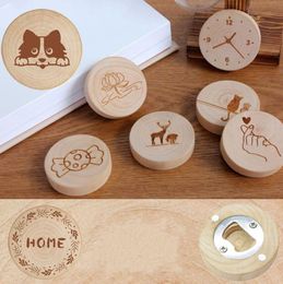 Blank DIY Wooden Round Shape Beer Bottle Opener Coaster Fridge Magnet Decoration Magnetic Refrigerator Magnets Wholesale