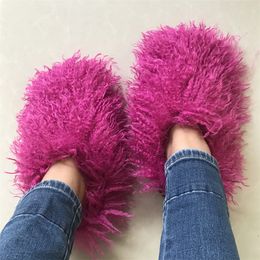 Winter women's slippers Luxury fur slippers Round headed Mongolian flat