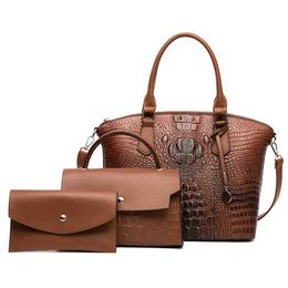 3 Pcs Set Women Luxury Crocodile Print PU Leather Brown Handbags and Purses Female Casual Tote Crossbody Shoulder Bag 2022