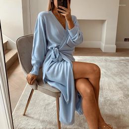 Casual Dresses Long Women Knitted Wrap Dress Spring Oversize Elegant Midi Sexy V Neck Knitwear Robe 2022 Ladies Clothes Homewear