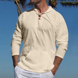 Men's Casual Shirts Spring Long Sleeve T For Men Solid Drawstring V-Neck Pullover Hoodies 2022 Fashion Male Hooded Loose Tops