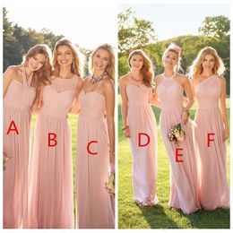 Pink Pleated Long Lace Chiffon Bridesmaid Dresses Mixed Style Blush Bridesmaid Formal Honor Of Maid Ruffles Custom Wear