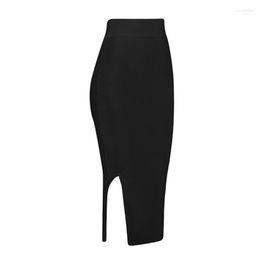 Skirts 2022 Est Black Open Fork Elastic High Waist Rayon Knee Length Bandage Pencil Skirt