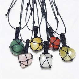 Natural Stone Net Bag Pocket Pendant Polished Irregular Square Adjustable Chain Necklaces Crystal Healing Hand-woven Necklace