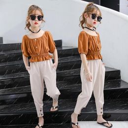 Clothing Sets Girls Set Solid Tshirt Pants 2 PCS Outfits Casual Tracksuit Summer Children's Clothes 5 6 8 10 12 Years