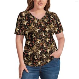 Shirt Gold Butterfly S Red Floral Print Street Wear V Neck T Short Sleeve Modern Plus Size Tee Clothes Gift Idea